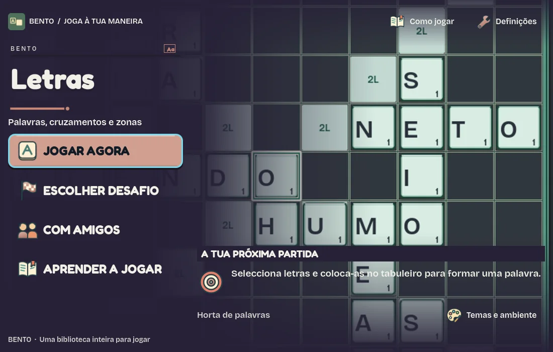 Ecrã inicial de Bento Letras